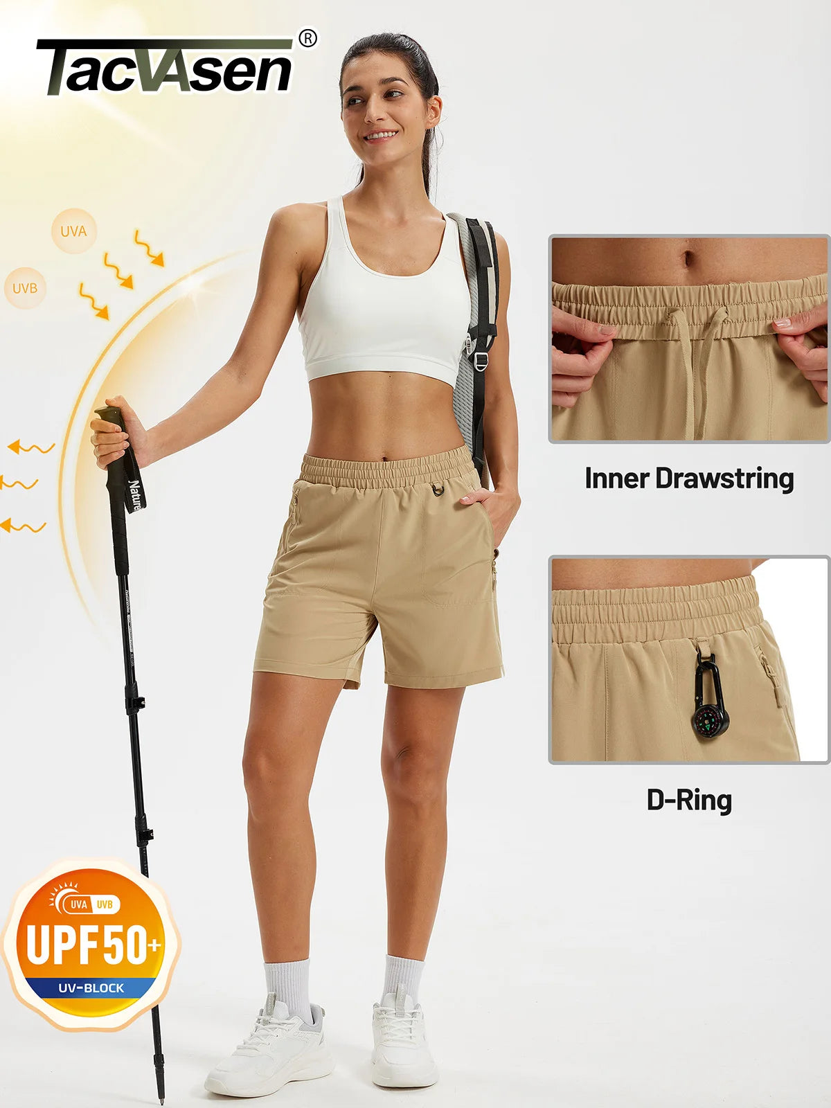TACVASEN Women's Quick Dry D-ring Hook Hiking Shorts Elastic Waist Cargo Shorts with Zipper Pockets Summer Golf Travel Shorts