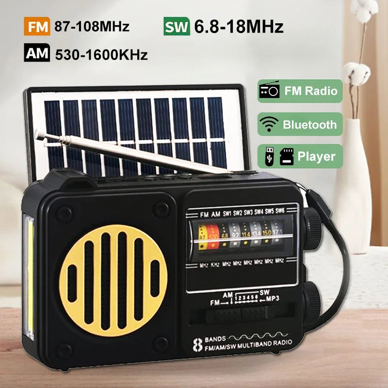 Portable Emergency Radio Solar FM AM SW1-6 Radio Receiver Bluetooth Speaker with Flashlight TF Card USB Drive MP3 Music Player