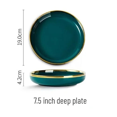 Gold Edging Green Porcelain Plates Food Dinner Set Dishes Salad Soup Bowl Ceramic Plates Bowls Luxurious Tableware Set