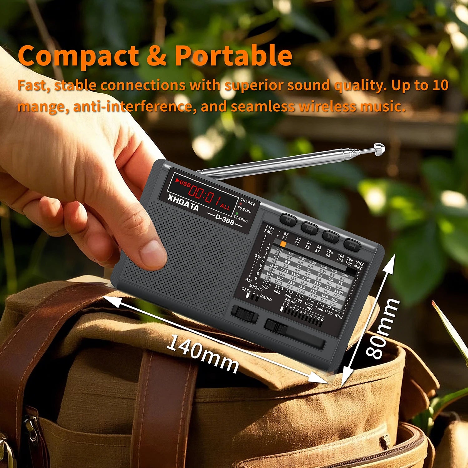 XHDATA D-368 Portable Stereo Radio FM AM SW MP3 Player with Bluetooth TF Card USB Playback 4Ω 3W Speaker Rechargeable Battery