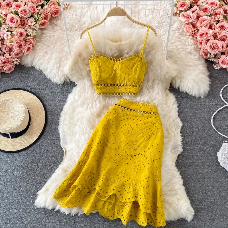 Summer Elegant Casual Fashion Skirts Suit Women Hallow Out Sleeveless Tanks Tops A-Line Two Pieces Set Female Outfits