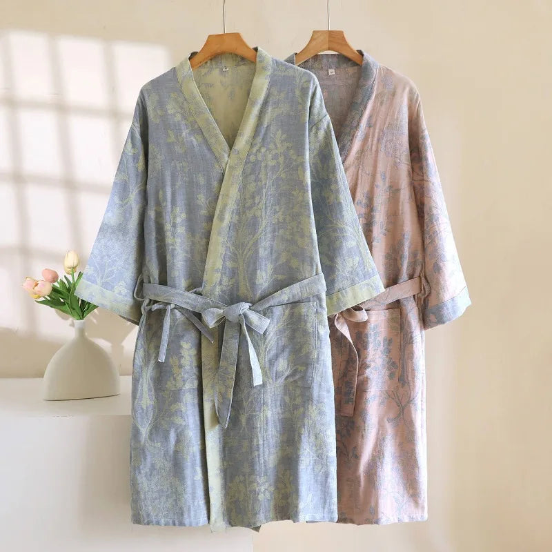 2026 New Women's Spring/Summer Sleeping Robe 100% Cotton Gauze Color woven Jacquard Bathrobe Quick drying Robe Sleepwear