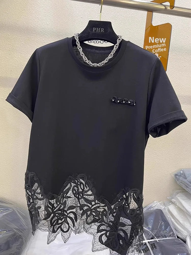 Elegant Lace Hem Short Sleeve Pure Cotton T-Shirt Women's Fashionable Summer New Style European Goods Irregular Top