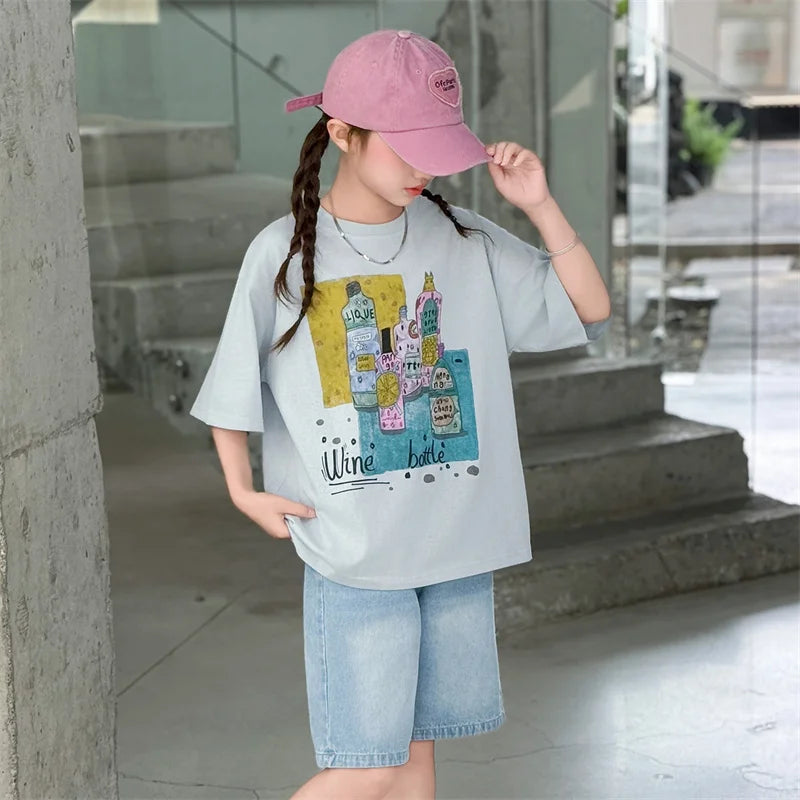 Kids Luxury Clothes Set for Girls from 5 to 14 Years Summer Suit Children Print T-shirt Shorts Two Pieces Outfit Clothing Set