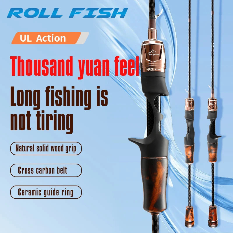 ROLLFISH Natural Solid Wood Handle UL Trout Fishing Rod Carbon Fiber Super Soft BFS Fishing Pole for Trout