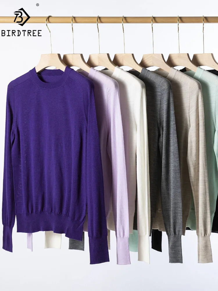 Birdtree, 100% Pure Wool Elegant Thin Sweater, Women O Neck Long Sleeve, Basics Bottom Knit Tops, 2024 Summer New T46840QM