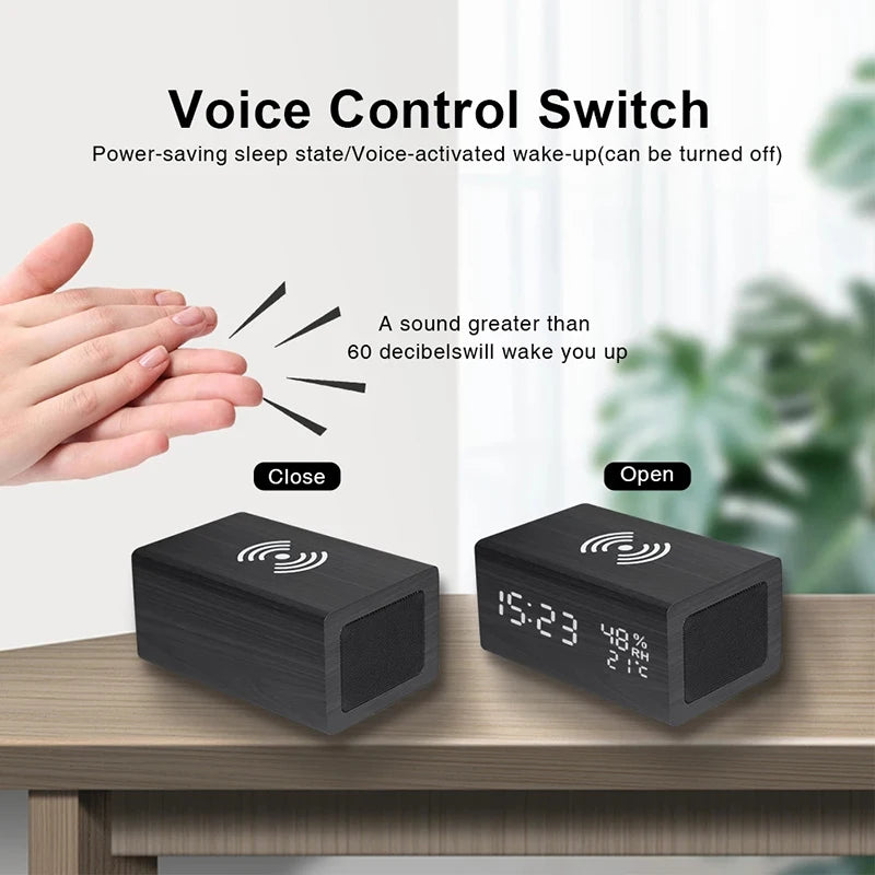 New Wooden Digital Alarm Clock Bluetooth Speaker with Wireless Charging Led Temperature Humidity Display Sound Control Function