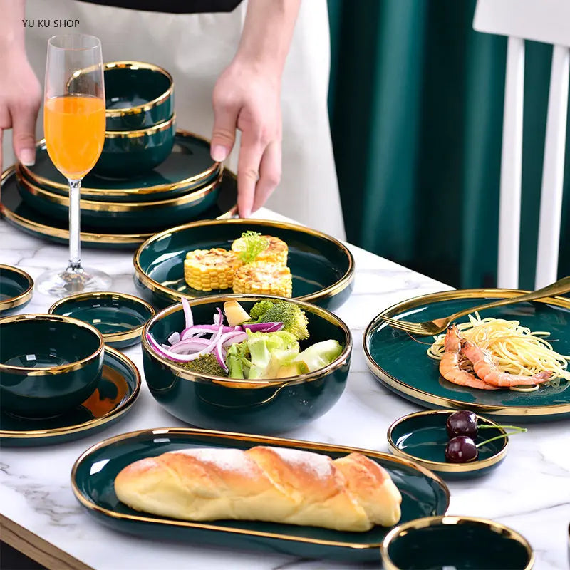 Gold Edging Green Porcelain Plates Food Dinner Set Dishes Salad Soup Bowl Ceramic Plates Bowls Luxurious Tableware Set
