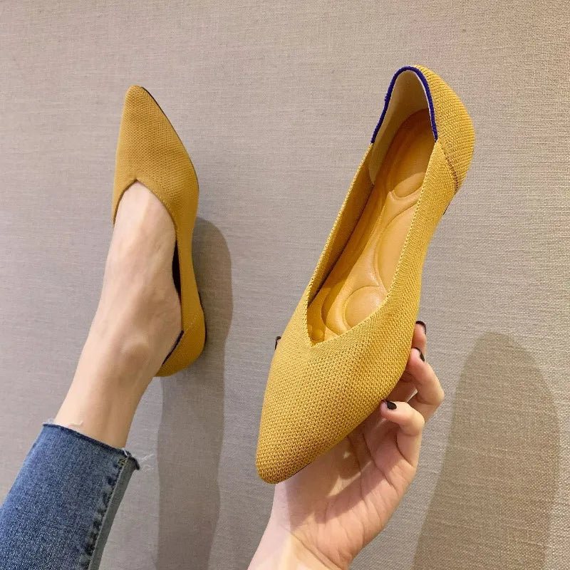 Women's Shoes Breathable Flat Shoes Fashion Soft Sole Knitted Shoes Elastic Comfortable Loafers Pointed Toe Slip on Casual Shoe