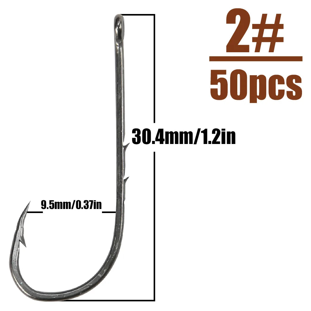 B&U 50pcs/lot Fishhooks High Carbon Steel Long And Straight Shank Barbed Fishing Hooks For Fresh And Saltwater Fishing