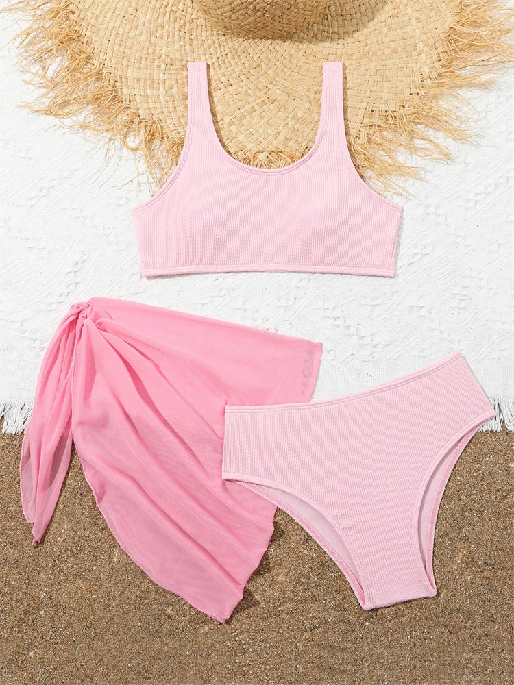 Kids Swimsuit Girls Bikini 2026 New Solid Ribbed Sling Bikinis Set Children Swimwear Summer Three Piece Beachwear Bathing Suits