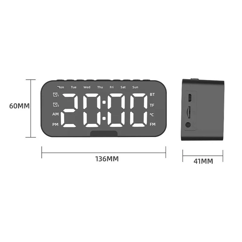 RALCA-LED Digital Alarm Clock With Bluetooth 5.1 Rechargeable Portable Music Player 3 Levels Brightness Phone Stand A