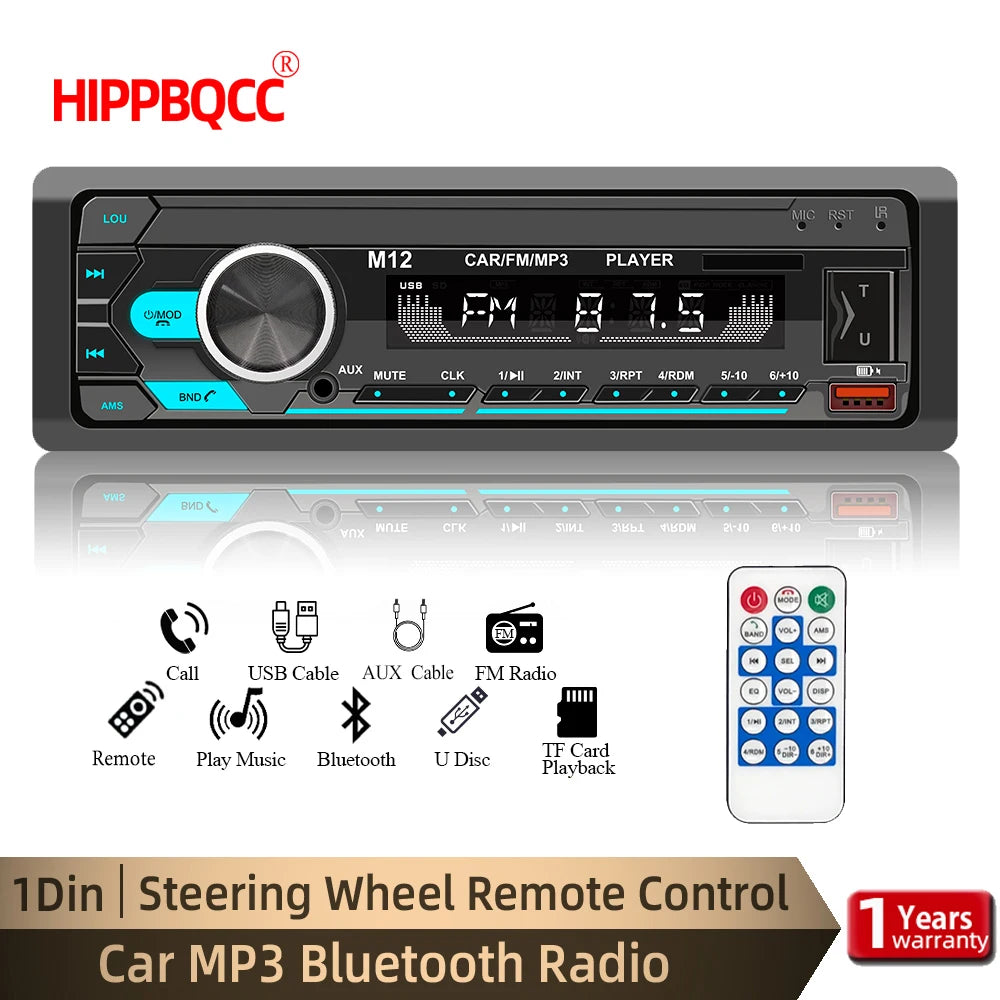 HIPPBQCC Car Stereo Radio 1Din Player FM MP3 Player Digital Bluetooth Car Radio Stereo Audio Music USB/SD with In Dash AUX Input