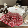 Korean children's clothing 2025 new summer girls' bow white T-shirt children's checkered cake skirt pants two-piece set