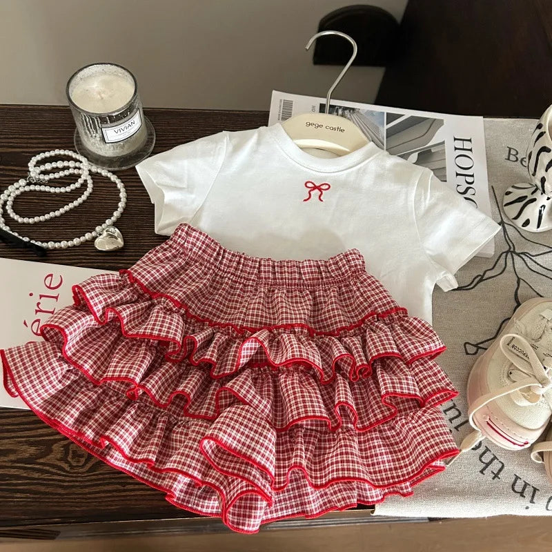 Korean children's clothing 2025 new summer girls' bow white T-shirt children's checkered cake skirt pants two-piece set
