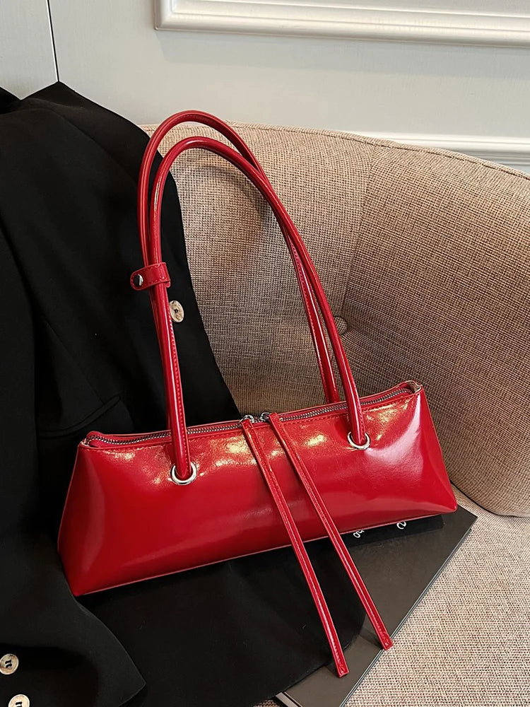 New Women Red Shoulder Bag Korean Version Simple Solid PU Leather Underarm Bags 2025 Elegant Female Dating Handbags