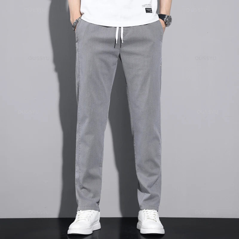 New Spring Autumn Cotton Men's Casual Pants Classic Drawstring Elastic Waist Stretch Blue Jogging Work Cargo Trousers Male