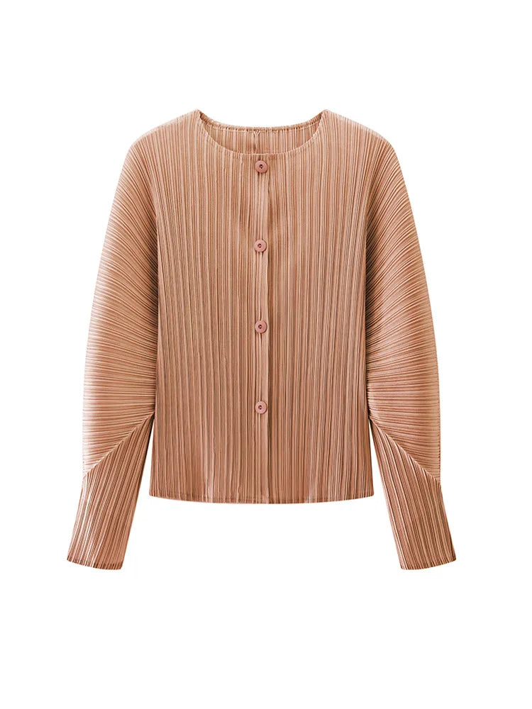 Miyake Pleated Solid Color Round Neck Cardigan Short Jacket for Women Long Sleeve Spring 2025 New Fashionable Age-reducing Top