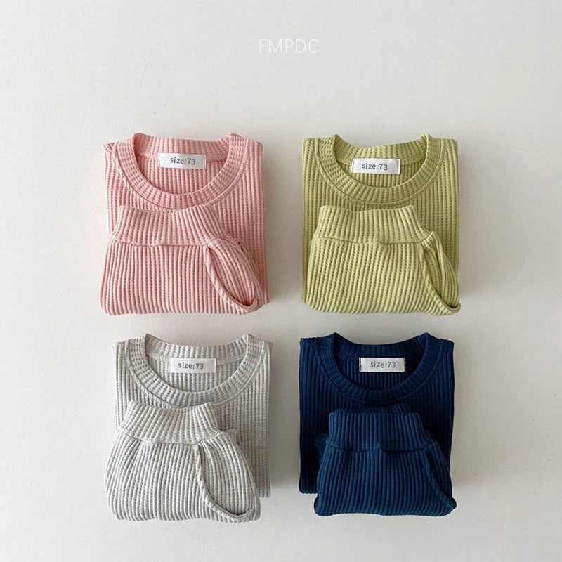 Baby Girls Clothes Autumn Cotton Kintting Clothing Sets Mock 2PCS Waffle Cotton Kids BoysSets Tracksuit Tops+Pants Korean