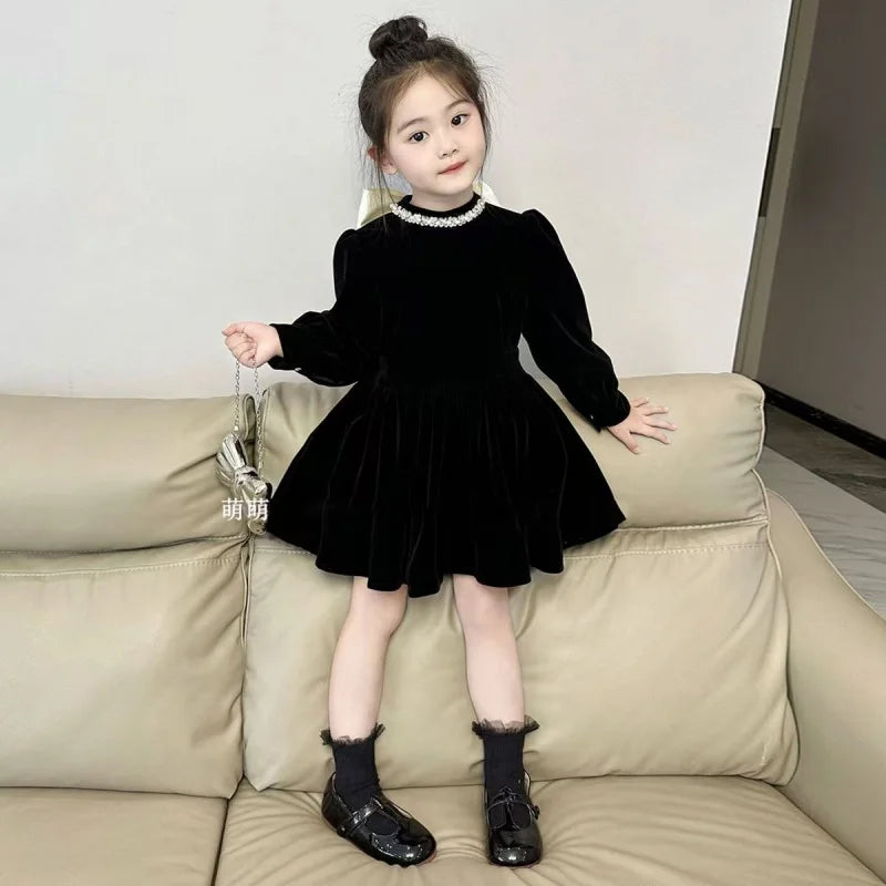 2-7Y Korean Childrens Clothing 2025 Autumn New Black Bow Velvet Dress Girl Princess Dress Girls clothes kids Clothes