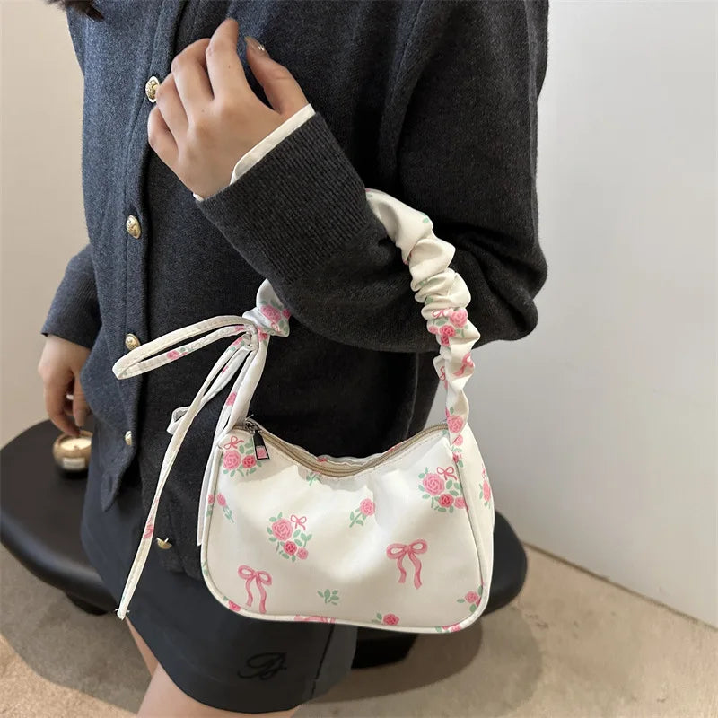 Women's Bags New Sweet Print Canvas Handbags Korean Floral Bow Printed Zipper Tote Bag Female Small Shoulder Bag