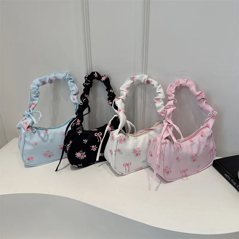 Women's Bags New Sweet Print Canvas Handbags Korean Floral Bow Printed Zipper Tote Bag Female Small Shoulder Bag