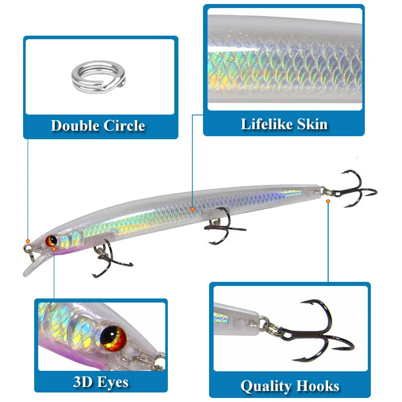 Factory Wholesale Bionic Fishing Lure Minnow 13.5cm 15g Topwater Floating 3D Eyes Hard Baits Wobbler Sea Bass Accessory