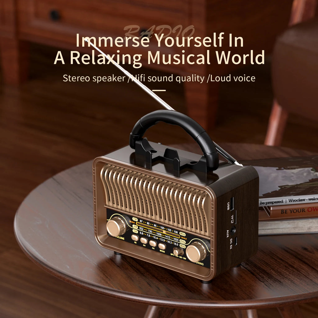 Retro Wireless Radio Portable AM/FM/SW with USB Rechargeable Battery With antenna, AUX and TF card playback, suitable for home