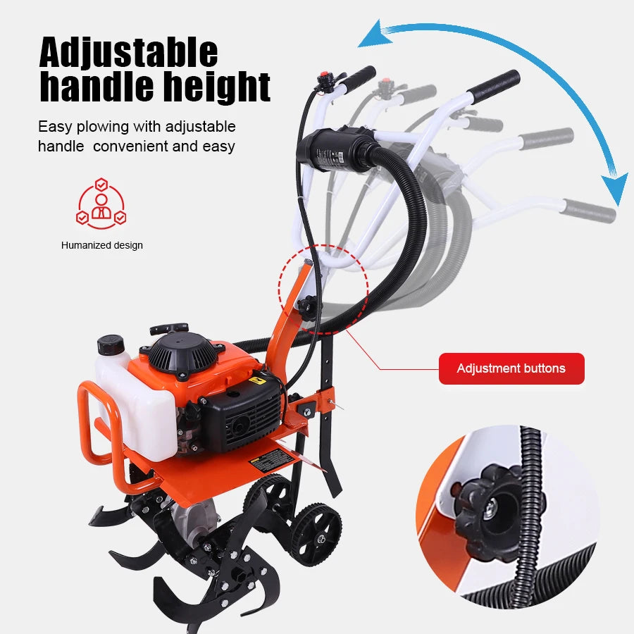 4-Stroke/2-Stroke Micro Tiller Gas-Powered Garden Cultivator Rototiller for Small Farm Land Soil Cultivation Weeding