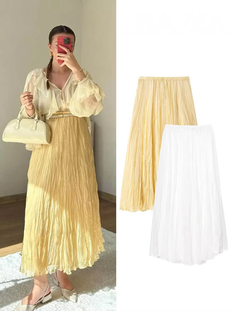 HH 2025 Women Summer New Solid A-Line Midi Skirt Female Casual Pleated Button Crease Effect Trendy Elastic Waist Skirts