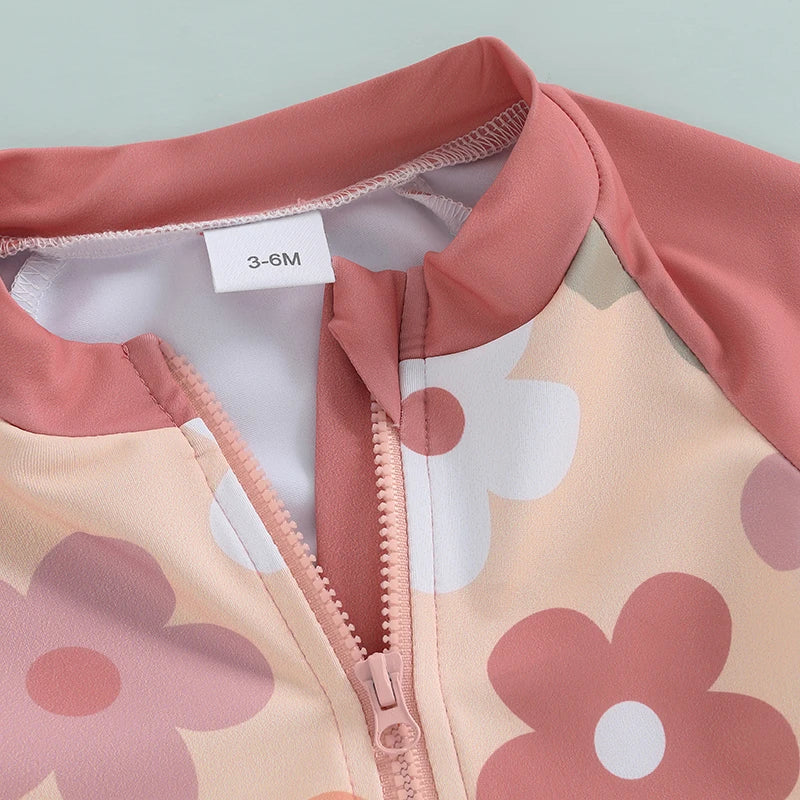 Baby Girls Bathing Suit Set Floral Long Sleeve Back Zip Up Rash Guard Swimsuit + Swim Shorts Infant Toddler Child Beachwear