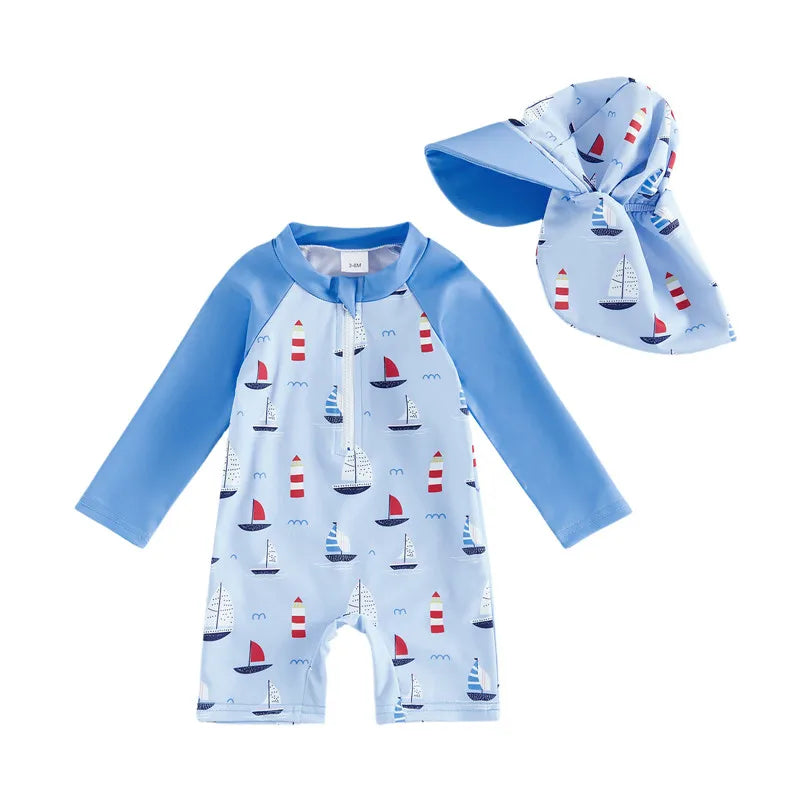 0-5years Toddler Baby Boys Swimsuit Set Sailboat/Shark Print bathing suit Upper Zipper Rash Guard Swimwear for toddler boys