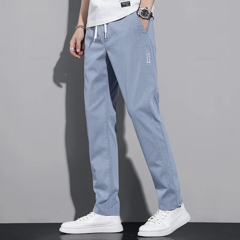 New Spring Autumn Cotton Men's Casual Pants Classic Drawstring Elastic Waist Stretch Blue Jogging Work Cargo Trousers Male