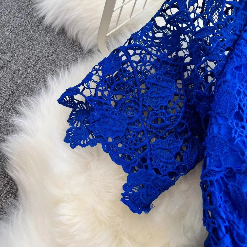 Summer Blue Lace Dress Women Hook Flower Hollow Golden Button Bodycon Vintage Clothing Square Neck Street Vestido Party