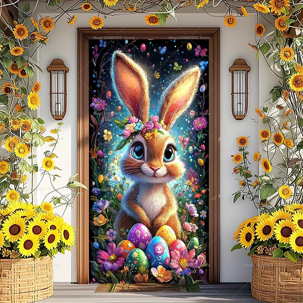 Easter Bunny Door Cover Banner Vinyl Easter Eggs Flowers 2D Door Banner for Spring Holiday Party Background Decoration Supplies