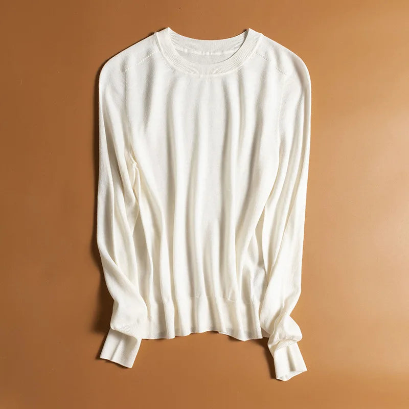 Birdtree, 100% Pure Wool Elegant Thin Sweater, Women O Neck Long Sleeve, Basics Bottom Knit Tops, 2024 Summer New T46840QM