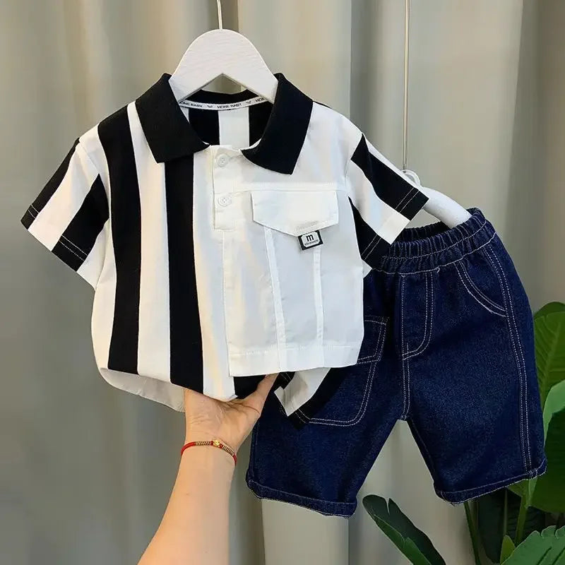 Kids Clothing 2pcs Sets Boys Grey Hole Short Sleeved T-shirt+ Denim Shorts Summer Suit 2025 New  Handsome Baby Clothes