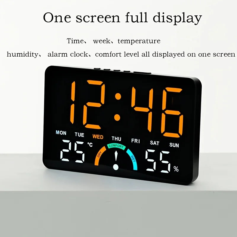 A multifunctional electronic clock with a borderless design, featuring brightness adjustment and automatic sensing functions, ca