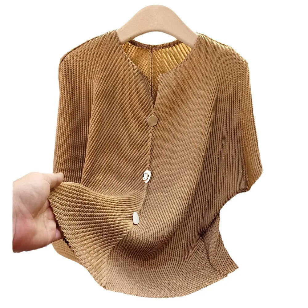 Miyake Button Decorative Dragon Scale Pleated Blouse Wild Loose Thin Short-sleeved T-shirt Female Summer New Large Size Clothes