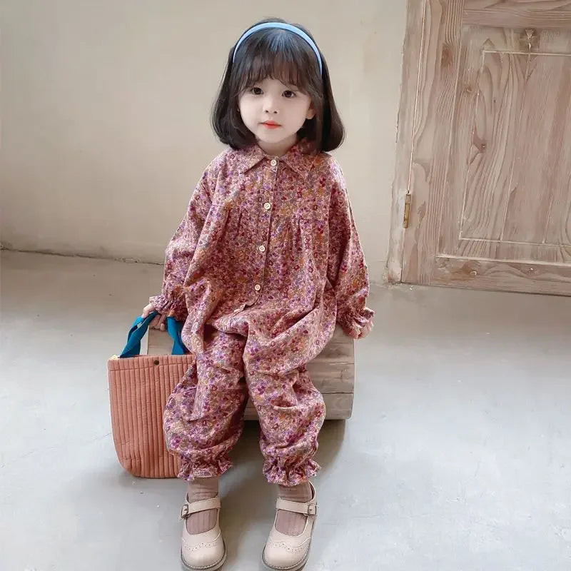 Kids Clothes Autumn Spring Children Girls Cotton Jumpsuits Single-Breasted Cute Floral Chic Baby Overalls Soft Loose Trousers