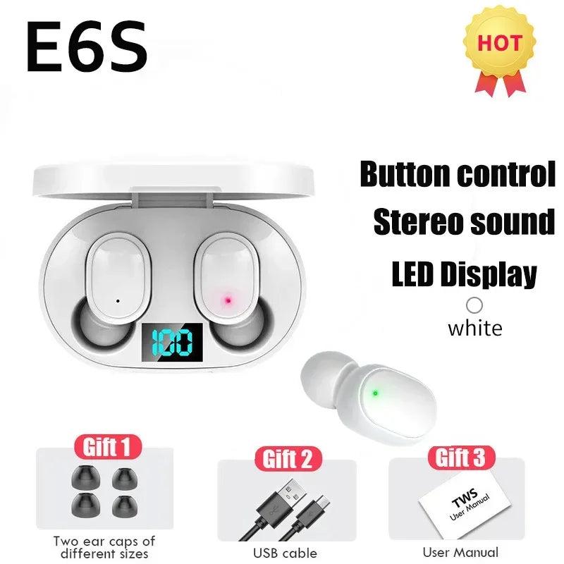 E6S wireless Bluetooth headphones with microphone noise cancellation LED display battery level music and sports headphones