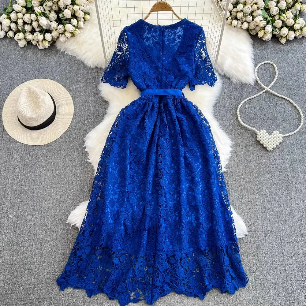 Summer Blue Lace Dress Women Hook Flower Hollow Golden Button Bodycon Vintage Clothing Square Neck Street Vestido Party