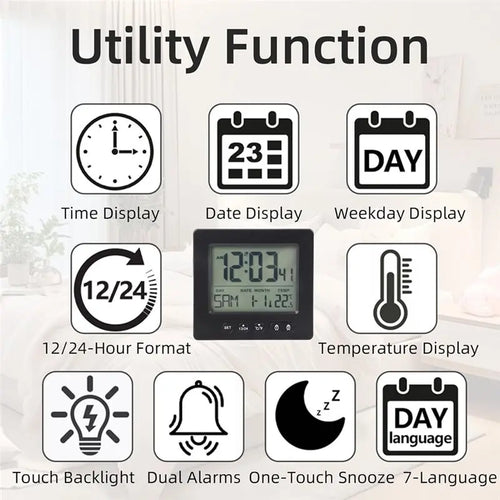 ABKP-Digital Radio Alarm Clock With Thermometer, 2 Alarm Times, Radio-Controlled Clock Functionality, 5-Minute Timer Feature