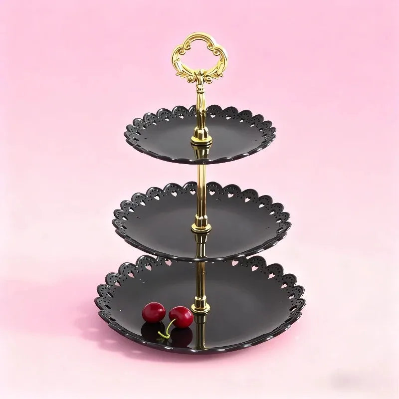 Three Layers of Dessert Plates Plastic Cake Tray Petal-shaped Afternoon Saucer Suitable for Birthday Parties and Weddings