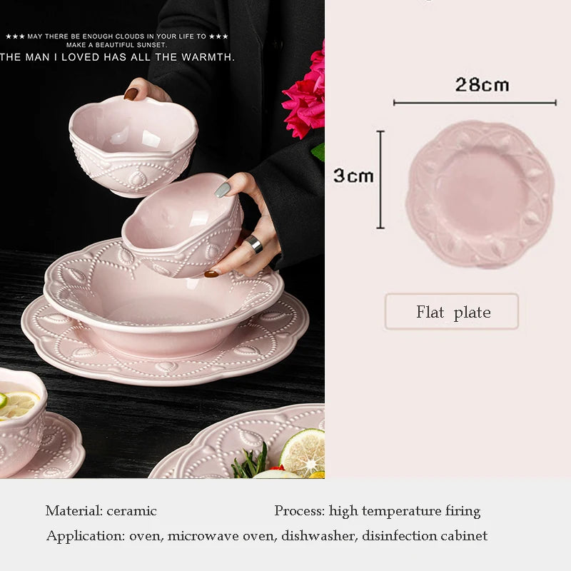 Pink Plate Set Retro Embossed Ceramic Dishes Cup and Saucer Breakfast Milk Mug Soup Plate Kitchen Tableware Housewarming Gift