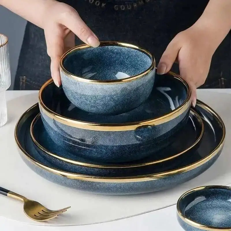 1Pcs Ceramic Dishes Steak Dessert Dinner Plate Blue Gradient Salad Soup Bowl Plates Tableware