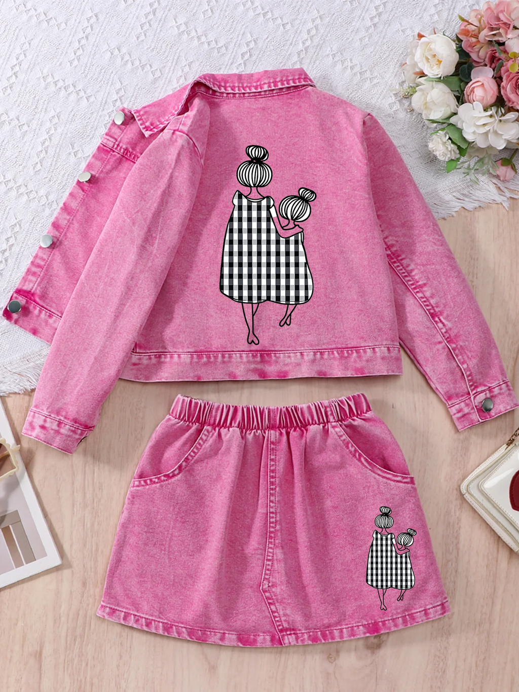 Children’s Clothing Set: Mother-Daughter Printed Denim Jacket and Skirt, Fashionable Kids’ Outfit for Girls Aged 1 to 8 Years