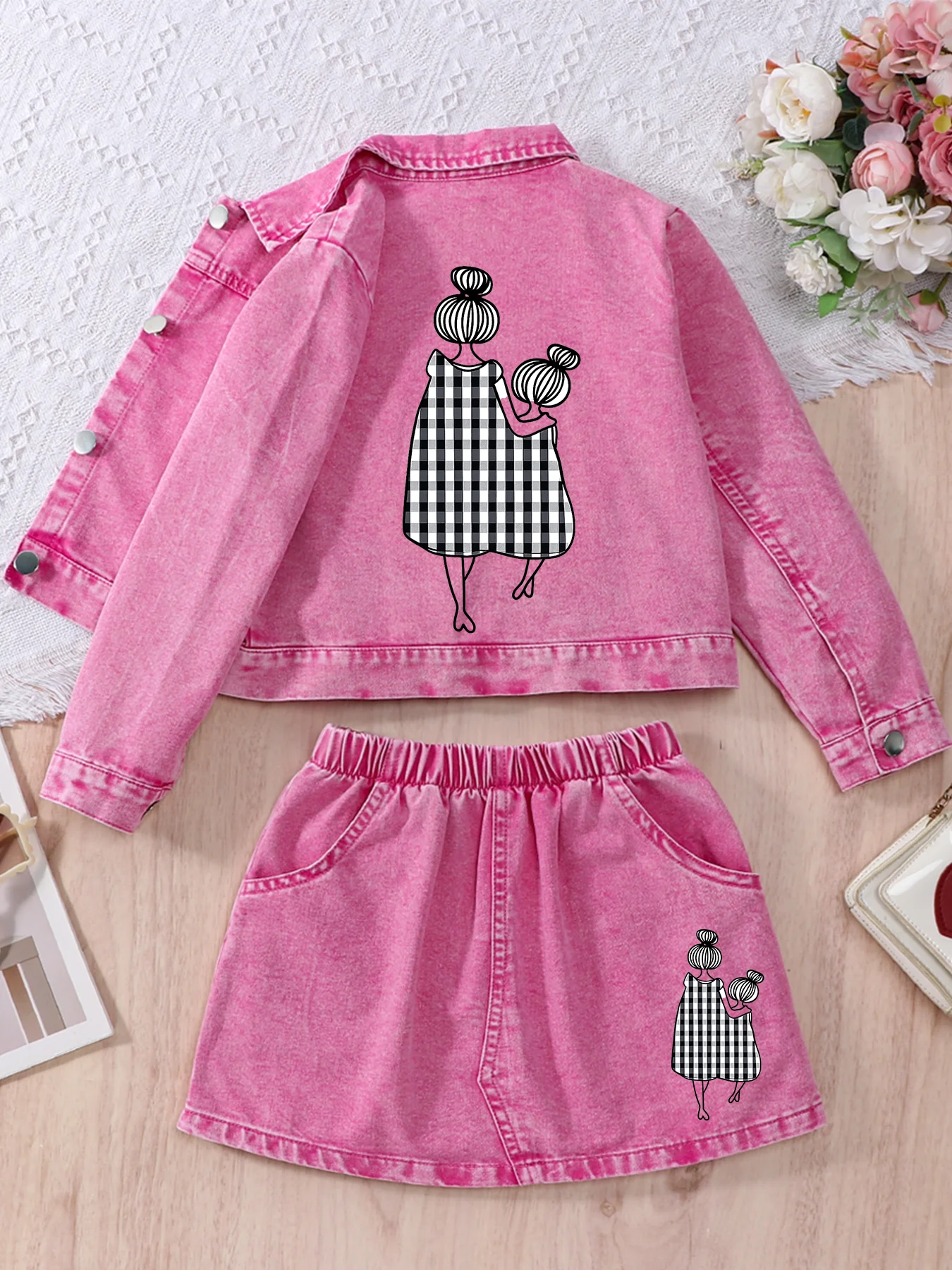 Children’s Clothing Set: Mother-Daughter Printed Denim Jacket and Skirt, Fashionable Kids’ Outfit for Girls Aged 1 to 8 Years