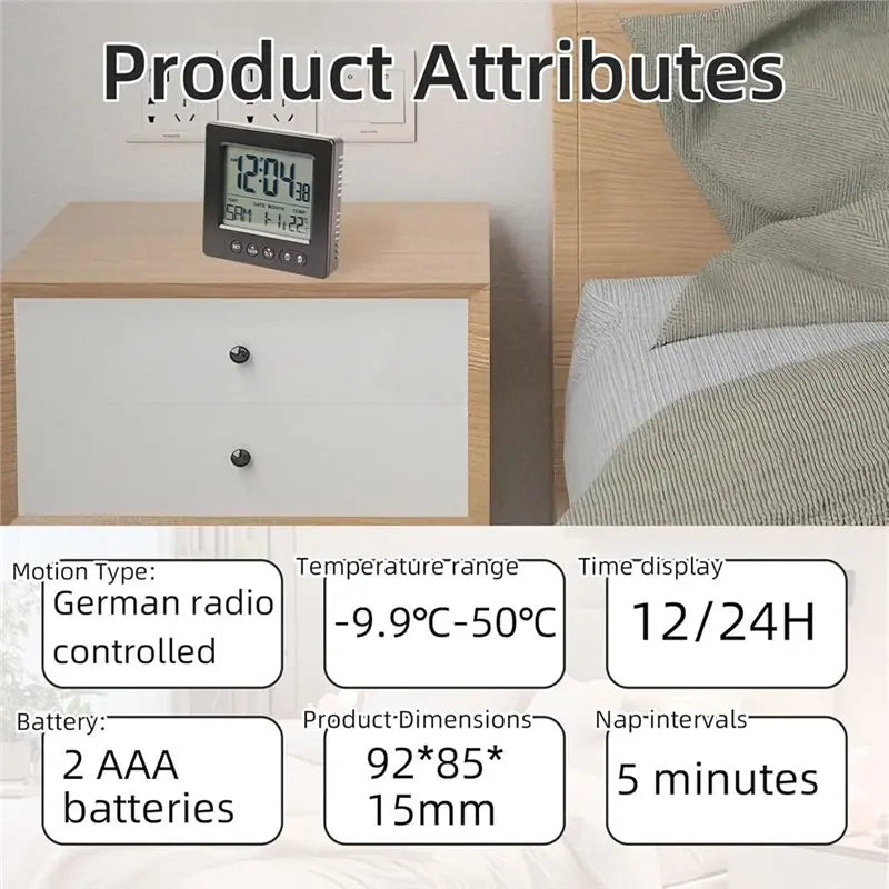 ABKP-Digital Radio Alarm Clock With Thermometer, 2 Alarm Times, Radio-Controlled Clock Functionality, 5-Minute Timer Feature