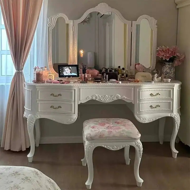 Wooden Luxury Vanity Table Dest European Hidden Glass Modern Dressing Table White Saving Makeup Tafel Furnitures For Bedroom